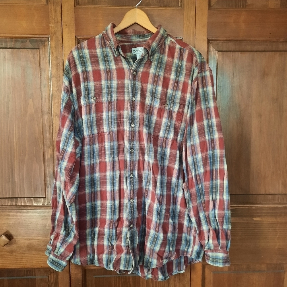 Carhartt Long-sleeve Midweight Plaid Flannel Shirt Red Blue Cotton S217 Size XLT